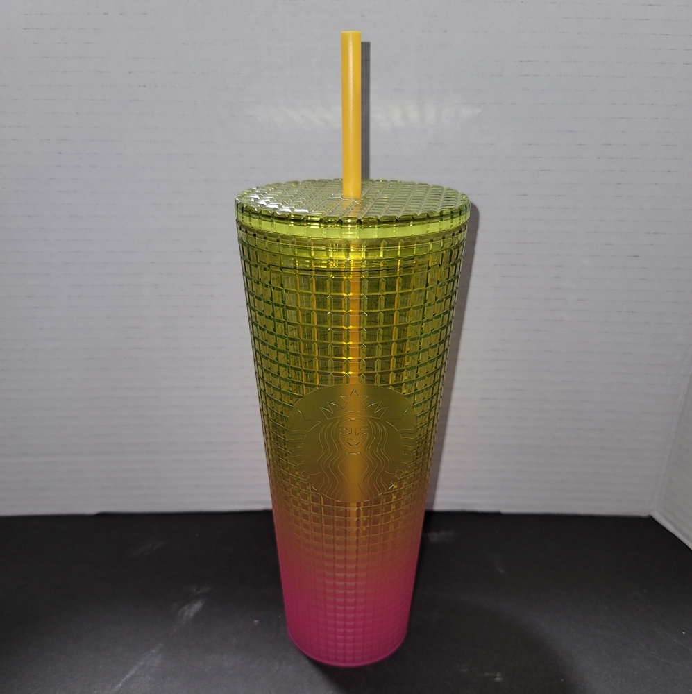 NEW Starbucks 2022 Lemon Yellow Pink Gradient Ombre Grid 24oz Venti Tumbler